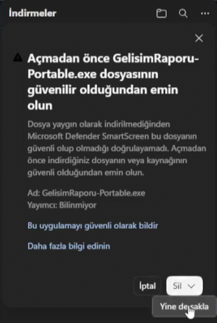 Tarayıcı indirme uyarısı — Yine de sakla